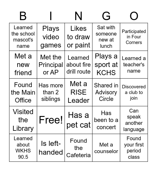 KCHS Freshman R.I.S.E. Bingo Card