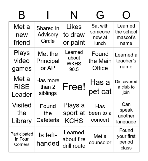 KCHS Freshman R.I.S.E. Bingo Card