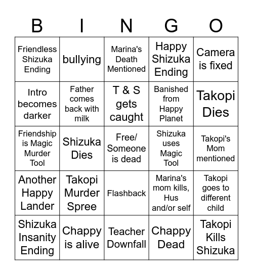 Takopi Prediction Bingo Card