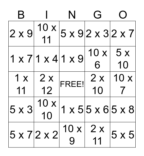 Multiplication Bingo Card