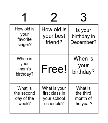 Ordinal Number Bingo Card