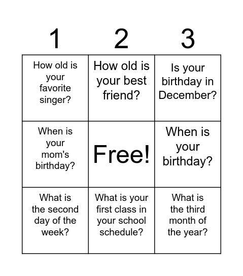 Ordinal Number Bingo Card