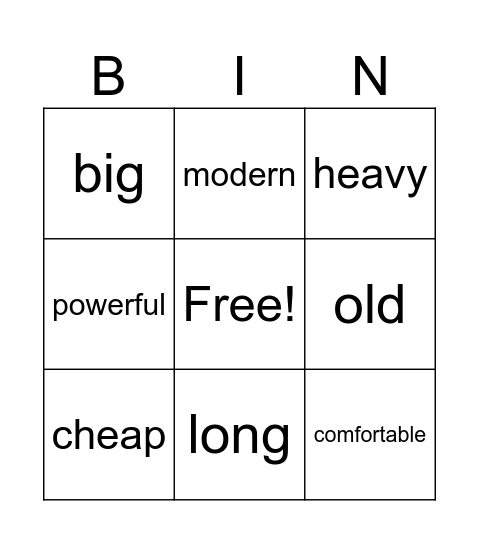 Comparatives Bingo Card