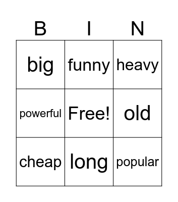Comparatives Bingo Card