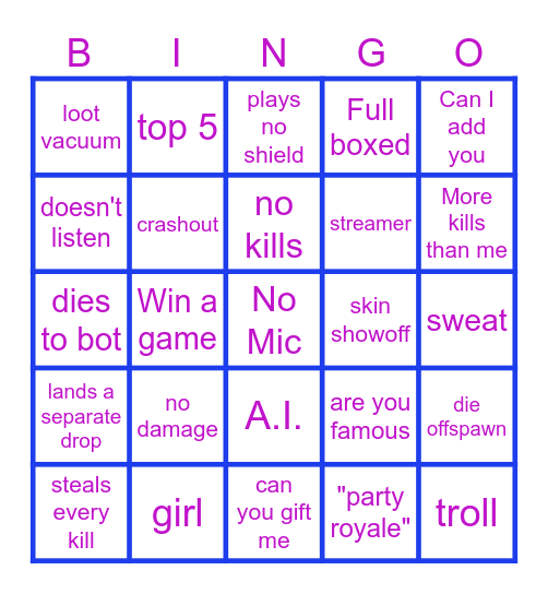FORTNITE Random Duos Bingo Card