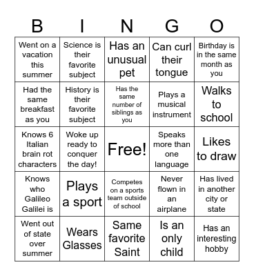 High School Classmate Bingo Card