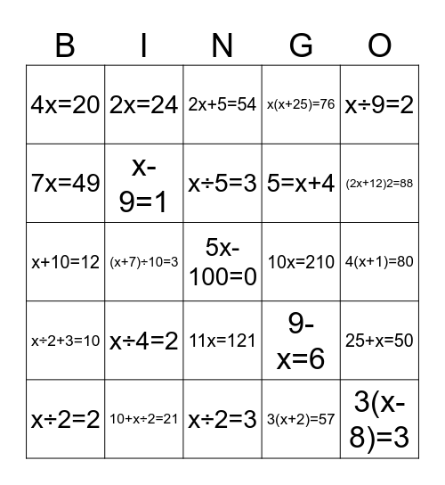 Chapter 9 Equations Bingo Card