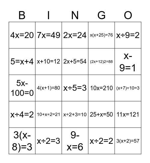 Chapter 9 Equations Bingo Card