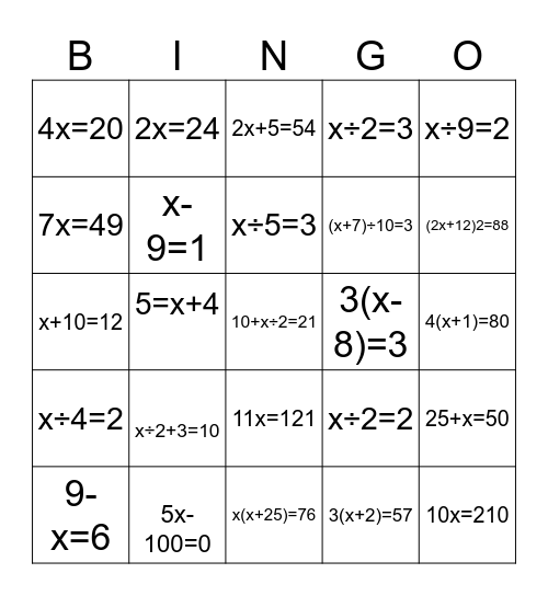 Chapter 9 Equations Bingo Card