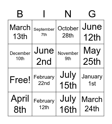 CALENDAR Bingo Card