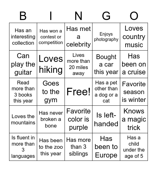 Get to Know You BINGO Card