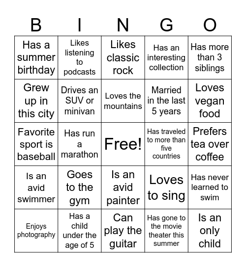 Get to Know You BINGO Card
