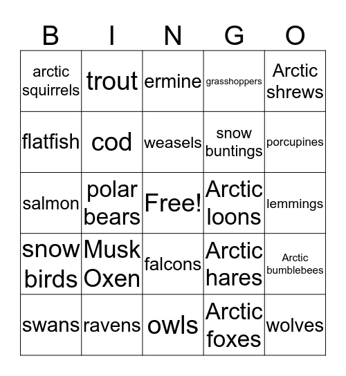 Tundra animals Bingo Card