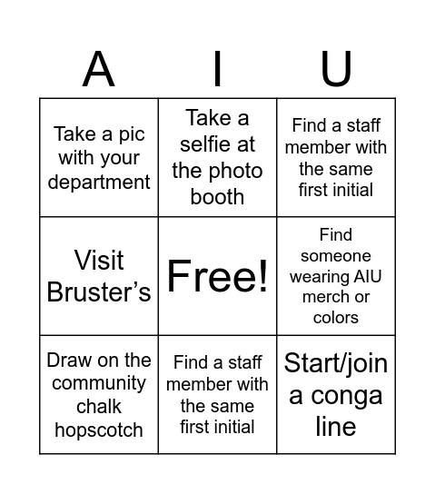 AIU Back to School Bingo Card
