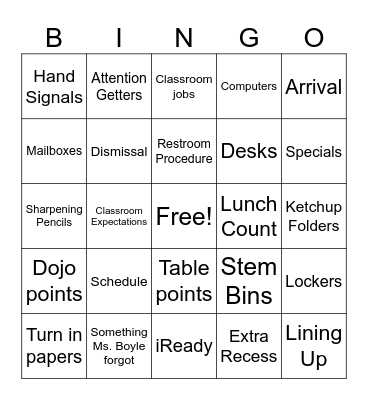 Class Procedure Bingo Card