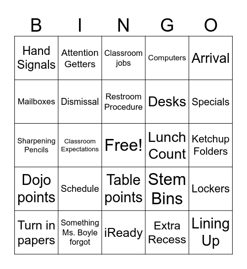 Class Procedure Bingo Card