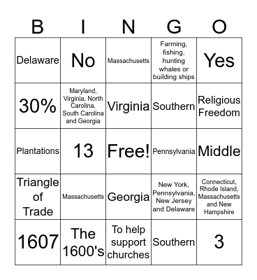Colonial America BINGO Card