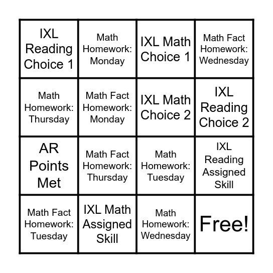 Reward Recess Bingo Card