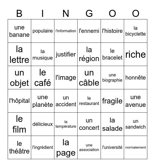 Les mots apparantés Bingo Card