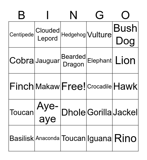 Tropical Rainforrest Bingo Card