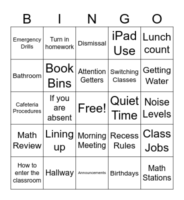 Class Rules and Procedures Bingo Card