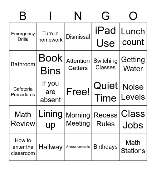 Class Rules and Procedures Bingo Card