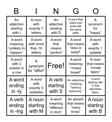 Word Hunt Bingo Card