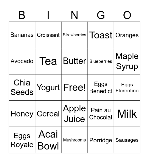 Breakfast Bingo Card