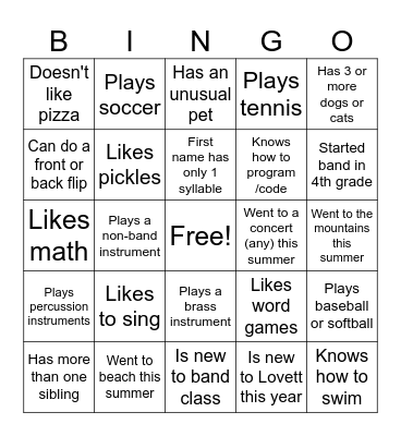 Get to know you Band Bingo Card