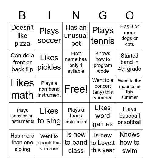 Get to know you Band Bingo Card