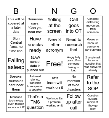 SSS Call Bingo Card