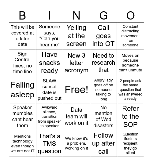 SSS Call Bingo Card