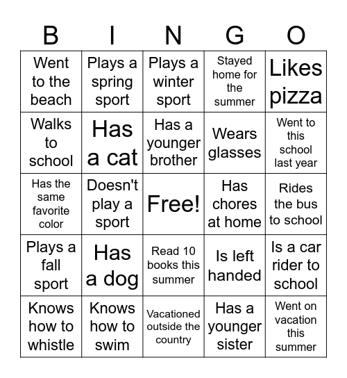 Classmate Bingo Card