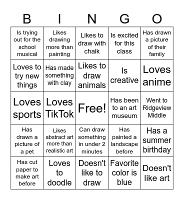 1st Day of Art Class Bingo Card