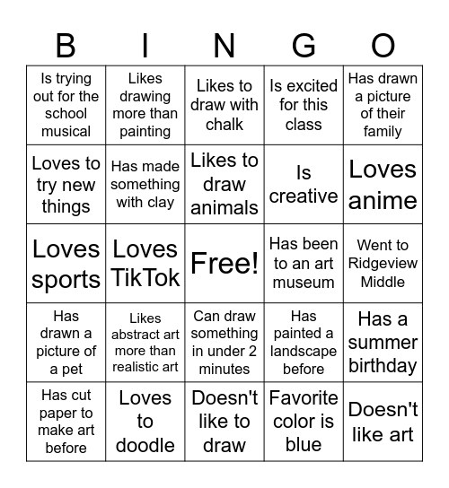 1st Day of Art Class Bingo Card