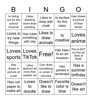1st Day of Art Class Bingo Card