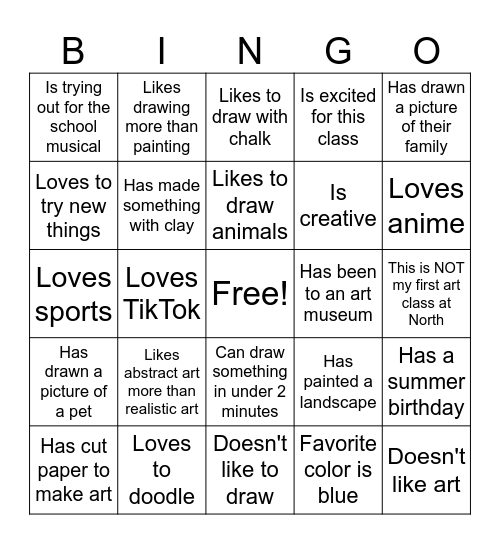 1st Day of Art Class Bingo Card
