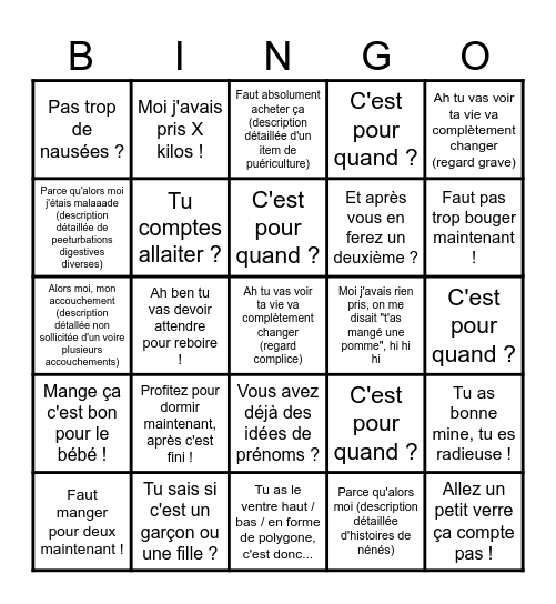 J'attend un bébé Bingo Card