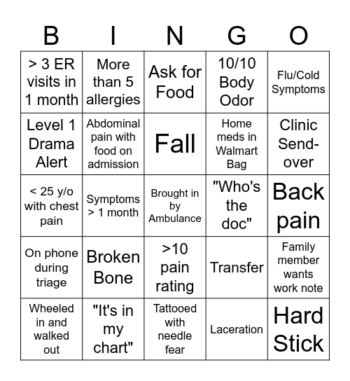 ER Bingo Card