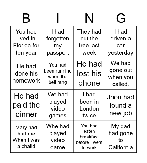 PAST PERFECT Bingo Card