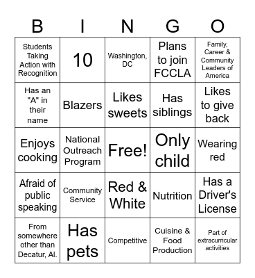 FCCLA Bingo Card