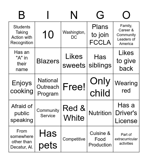 FCCLA Bingo Card