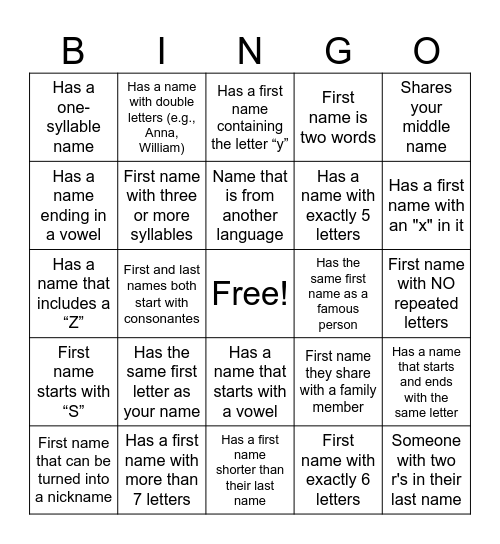 Name BINGO Card