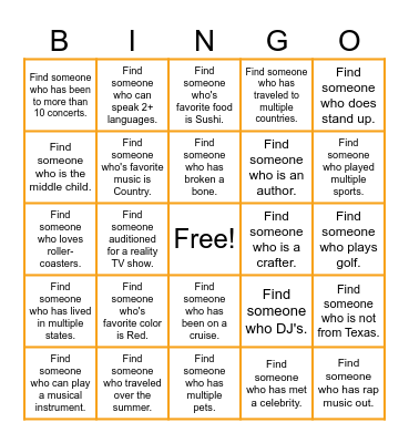 Getting To Know You! Bingo Card