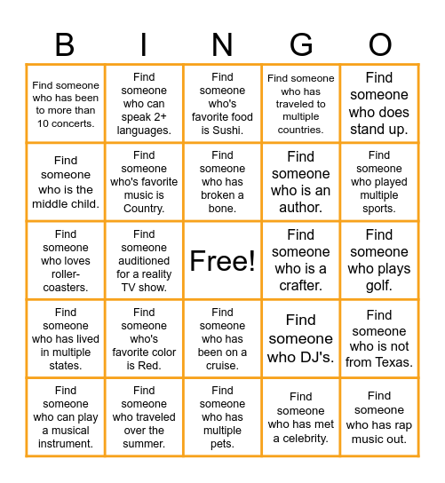 Getting To Know You! Bingo Card