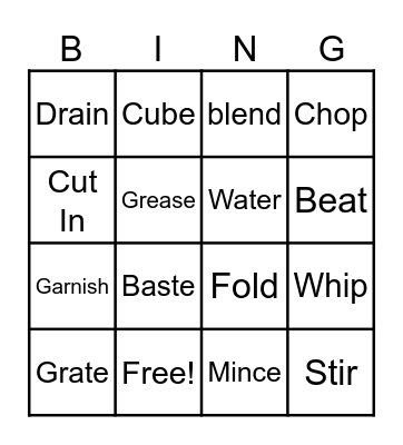 Cooking Terms Bingo Card