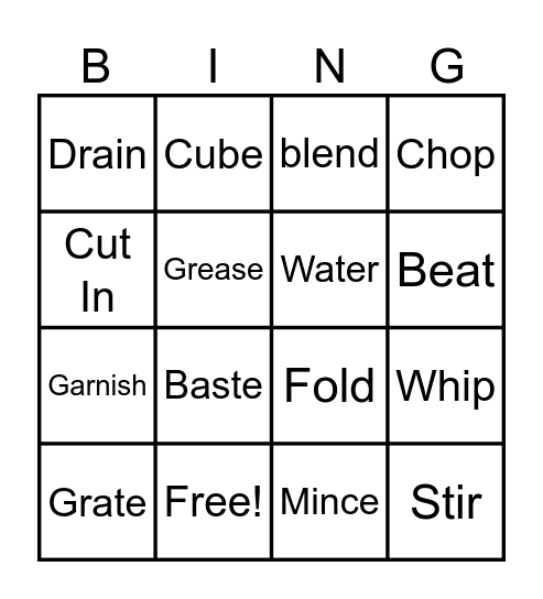 Cooking Terms Bingo Card