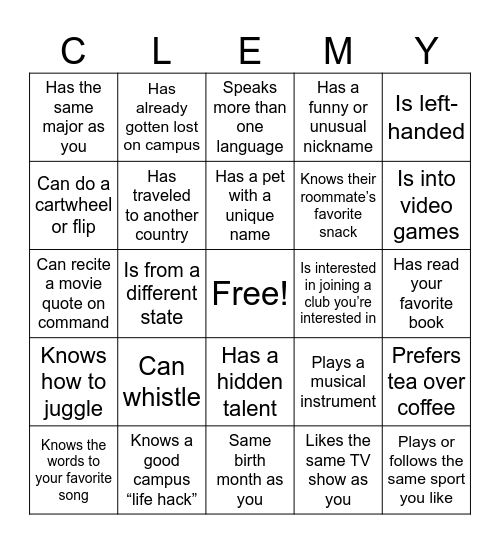 Holmes & McCabe Friend Finder Bingo Card