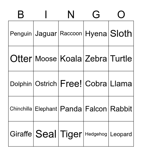 Animals Bingo Card