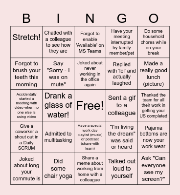 Remote Work Bingo Card